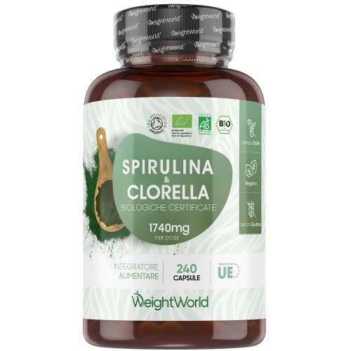 Spirulina E Clorella Bio - 1500 Mg 180 Capsule - Integratore Per La Salute Generale E La Gestione Del Peso - 3 Mesi Di Fornitura-image