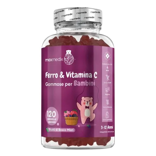 Gummies Ferro e Vitamina C per Bambini al Gusto di Frutti Rossi - 120 Caramelle Gommose per il Supporto Immunitario