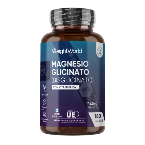 Magnesio Bisglicinato WeightWorld con Vitamina B6 - 180 Capsule, 3 Mesi di Fornitura e 1420mg di Magnesio Bisglicinato per Dose